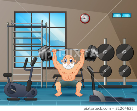 Senior man lifting a barbell inside the gym illustration Senior man lifting a barbell inside the gym illustration 81204625