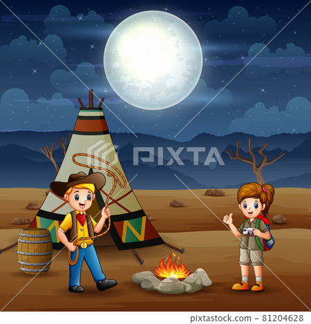 Cartoon the explorer boy and girl camping out in the desert Cartoon the explorer boy and girl camping out in the desert 81204628