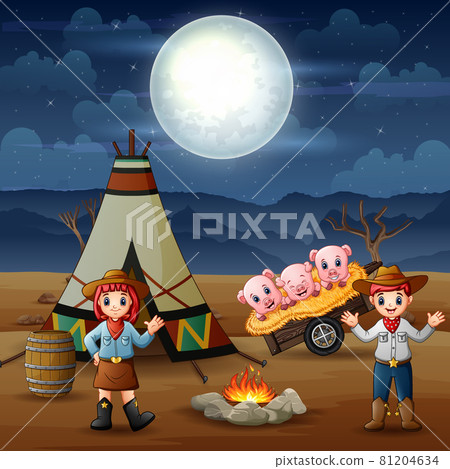 Cowboy and cowgirl and pigs at campsite at night illustration 81204634