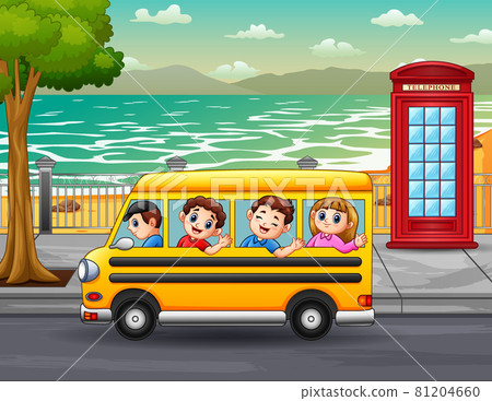 Children ride the bus through the city streets Children ride the bus through the city streets 81204660