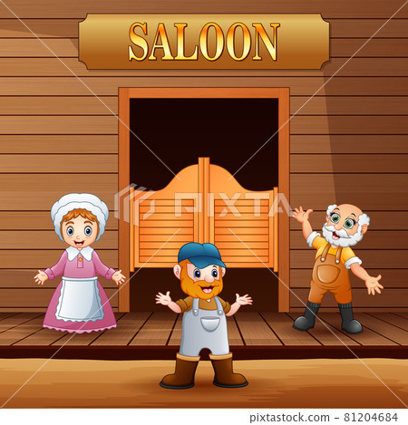 Male and female standing in front of saloon 81204684