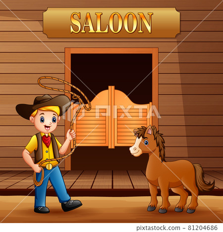Wild west saloon with cowboy and a horse 81204686