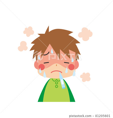 Illustration of a cute little boy who is fluttering with high fever White background clip art 81205601