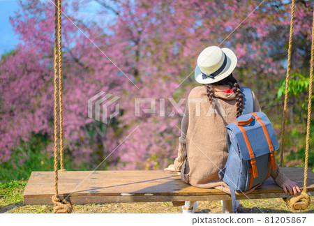 Back view of tourist woman traveling in Northern Thailand in winter season. Conceptual of woman lifestyle. Back view of tourist woman traveling in Northern Thailand in winter season. Conceptual of woman lifestyle. 81205867