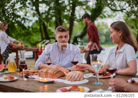 friends having picnic french dinner party outdoor during summer holiday friends having picnic french dinner party outdoor during summer holiday 81206105