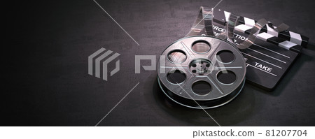 Film reel and clapper board on black background. Movie, video and cinema prodaction and edition concept. Film reel and clapper board on black background. Movie, video and cinema prodaction and edition concept. 81207704