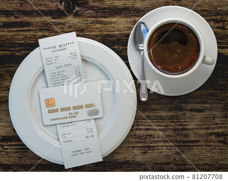 Coffee cup and receipt bill for payment by credit card on wooden table. 81207708