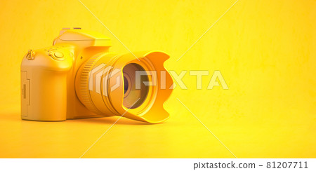 Yellow DSLR photo camera on yellow background.-插圖素材 [81207711] - PIXTA圖庫