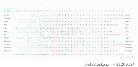 2022 Calendar in English on white. Linear calendar of 2022 year. 12 months line by line. Horizontal Stock vector template 2022 Calendar in English on white. Linear calendar of 2022 year. 12 months line by line. Horizontal Stock vector template 81209154