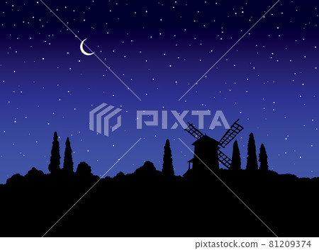 Vector drawing. The outline of the summer landscape with mill Vector drawing. The outline of the summer landscape with mill 81209374