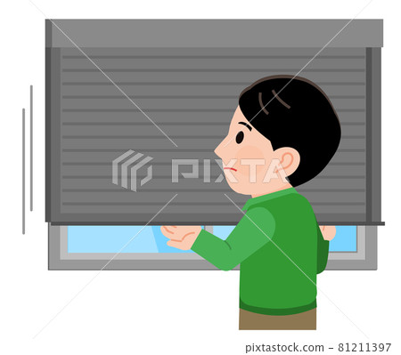 Illustration of a man lowering the window shutter Illustration of a man lowering the window shutter 81211397