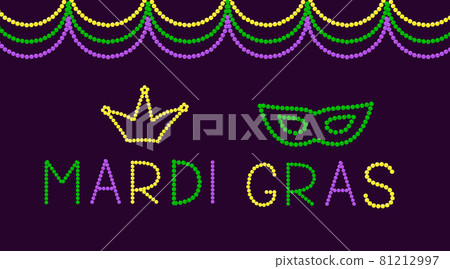 Mardi Gras lettering and mask made of colorful beads. Traditional carnival in New Orleans. Fat or Shrove Tuesday typography poster. Vector template for banner, greeting card, flyer, party invitation. Mardi Gras lettering and mask made of colorful beads. Traditional carnival in New Orleans. Fat or Shrove Tuesday typography poster. Vector template for banner, greeting card, flyer, party invitation. 81212997