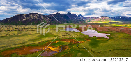 Aerial panorama of lakes and mountains in Thingvellir National Park, Iceland 81213247