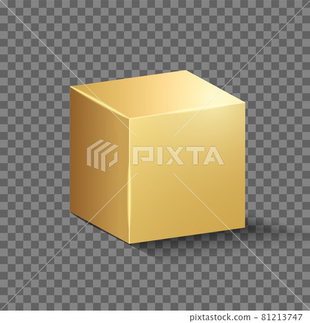 Gold box. Golden metal cube. Realistic 3D glossy block. Vector geometric modern illustration 81213747