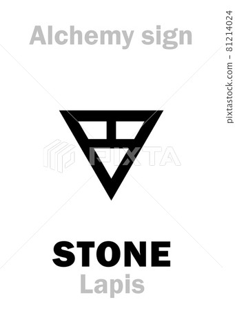 Alchemy Alphabet: ROCK / STONE (Lapis, Petra, Saxum), natural solid minerals or mineraloid matter. Alchemical sign, Medieval symbol. 81214024
