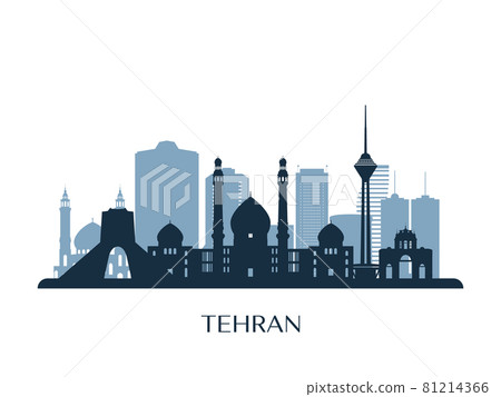 Tehran skyline, monochrome silhouette. Tehran skyline, monochrome silhouette. 81214366