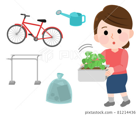 Typhoon countermeasures: A woman who puts things that are likely to fly inside the house 1 Illustration Typhoon countermeasures: A woman who puts things that are likely to fly inside the house 1 Illustration 81214436