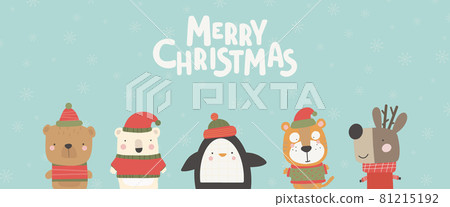 Christmas card with Cute animals. Hand drawn characters Greeting card Vector illustration. 81215192