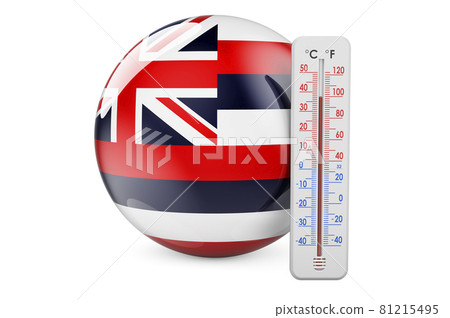 Hawaiian flag with thermometer. 3D rendering Hawaiian flag with thermometer. 3D rendering 81215495