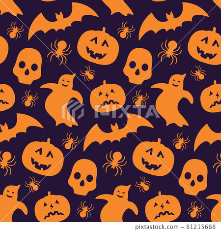 Funny seamless pattern with silhouette of pumpkin, bat, ghost and skull. Funny seamless pattern with silhouette of pumpkin, bat, ghost and skull. 81215668