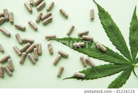 CBD pills. Group of clear CBD Cannabidiol capsules and hemp leaf 81216118