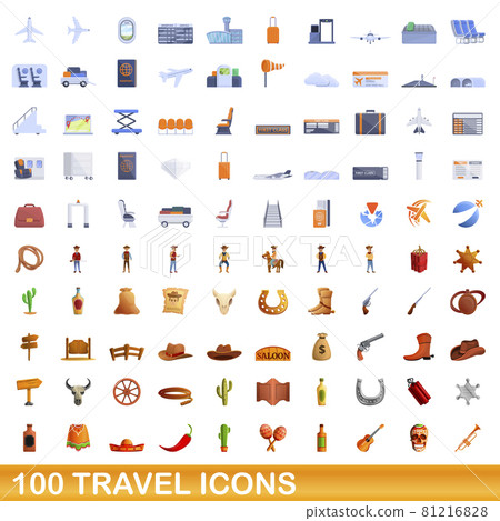 100 travel icons set, cartoon style 100 travel icons set, cartoon style 81216828