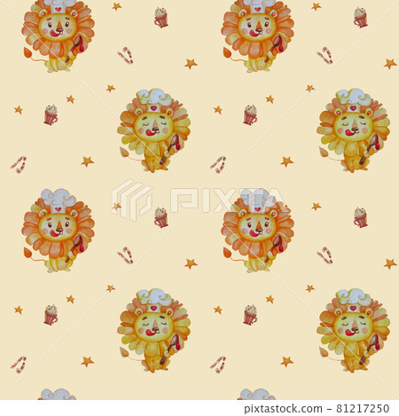 Seamless pattern with a lion. Cute character - happy lion chef in a chefs hat, with spoon on a light background with stars and sweets. Watercolor. Illustration for design, decor, childrens collection Seamless pattern with a lion. Cute character - happy lion chef in a chefs hat, with spoon on a light background with stars and sweets. Watercolor. Illustration for design, decor, childrens collection 81217250
