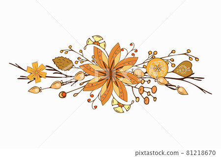 Ornament autumn beautiful delicate doodling flowers leaves twigs hand drawing, isolated, white background, element for your design, for holiday greeting cards. 81218670