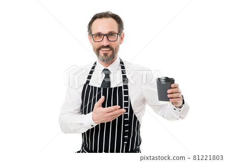 Your coffee to go. Barista in apron served coffee. Coffee  81221803
