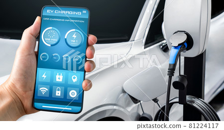 EV charging station for electric car with mobile app display charger status EV charging station for electric car with mobile app display charger status 81224117