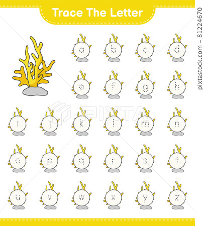 Trace the letter. Tracing letter with Coral. Educational children game, printable worksheet, vector illustration 81224670