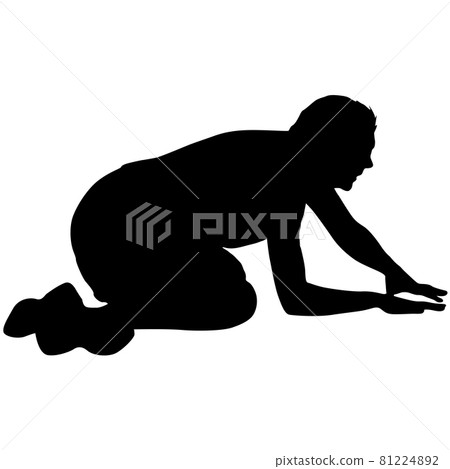 Silhouette people in different poses bent over on a white background 81224892
