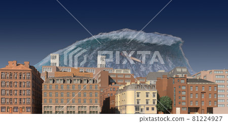 Tsunami wave apocalyptic water view urban flood Storm. 3D illustration 81224927