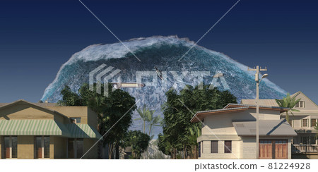 Tsunami wave apocalyptic water view urban flood Storm. 3D illustration 81224928