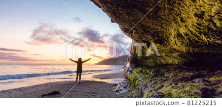 Adventurous Woman at Mystic Beach on the West Coast of Pacific Ocean 81225215