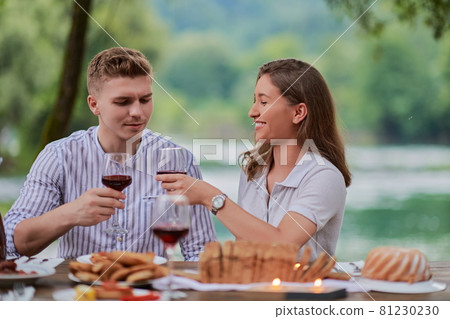 couple toasting red wine glass while having picnic french dinner party outdoor couple toasting red wine glass while having picnic french dinner party outdoor 81230230