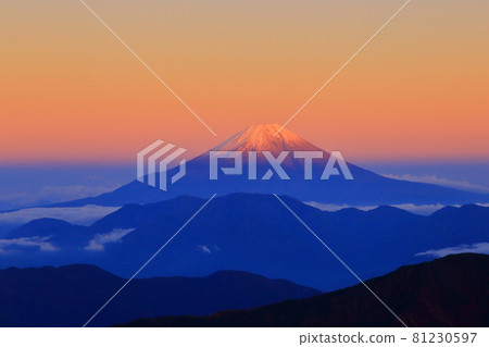 從南阿爾卑斯山千舞岳眺望夕陽白雪皚皚的富士山 從南阿爾卑斯山千舞岳眺望夕陽白雪皚皚的富士山 81230597