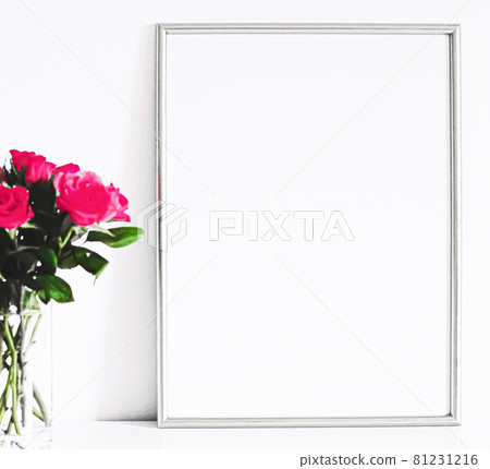 Silver frame on white furniture, luxury home decor and design for mockup, poster print and printable art, online shop showcase 81231216