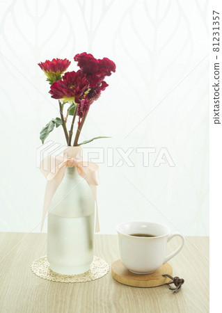 Flowers on the window, a vase and coffee Flowers on the window, a vase and coffee 81231357