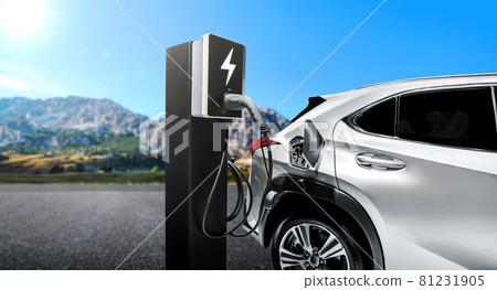 EV charging station for electric car in concept of green energy and eco power EV charging station for electric car in concept of green energy and eco power 81231905