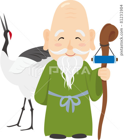 Illustration of Fukurokuju and a crane, one of the Seven Lucky Gods 81231984