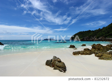 The blue sea and sky with mountain and rock 81232672