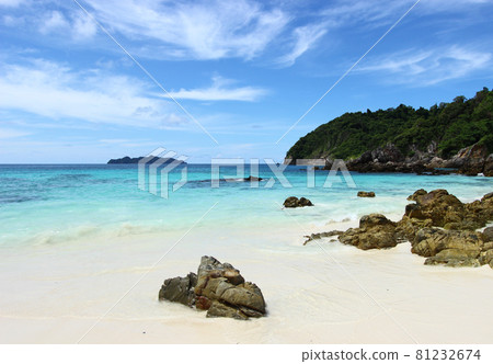 The blue sea and sky with mountain and rock The blue sea and sky with mountain and rock 81232674