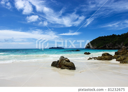 The blue sea and sky with mountain and rock The blue sea and sky with mountain and rock 81232675