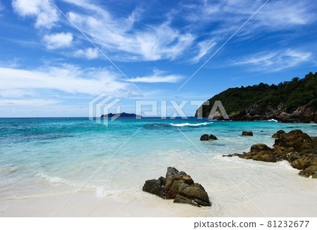 The blue sea and sky with mountain and rock The blue sea and sky with mountain and rock 81232677