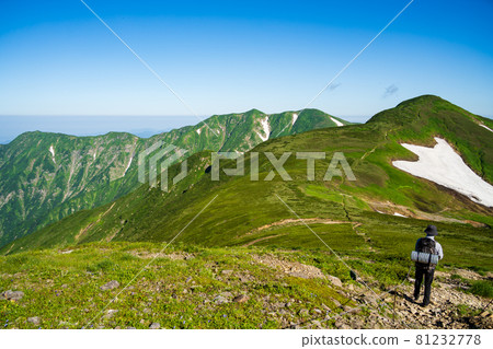 Mt. Asahi (Asahi mountain range), a famous mountain with alpine plants in full bloom and a magnificent mountain landscape woven by beautiful ridges and snowy valleys Mt. Asahi (Asahi mountain range), a famous mountain with alpine plants in full bloom and a magnificent mountain landscape woven by beautiful ridges and snowy valleys 81232778