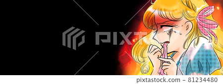 70年代少女漫畫 咬住手帕後悔的金髮美女和燃燒的橙色火焰的插圖 81234480