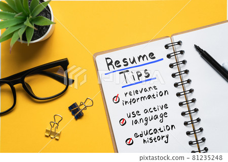 Concept of the basic tips of resume writing. 81235248
