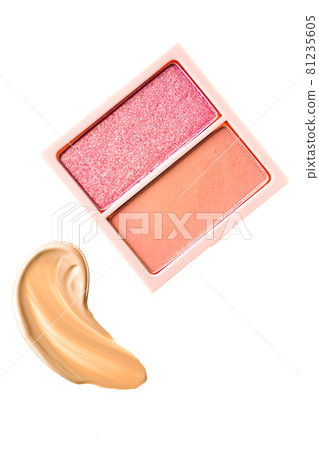 Eye shadow powder or blush makeup palette as flat lay, pink and orange cosmetic smear, eyeshadow and lip gloss isolated on white background, cosmetics flatlay closeup and beauty make-up texture 81235605