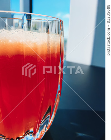 Healthy drink, fruit vitamins and beverage menu, fresh juice in luxury restaurant outdoors, food service and wellness breakfast concept Healthy drink, fruit vitamins and beverage menu, fresh juice in luxury restaurant outdoors, food service and wellness breakfast concept 81235689